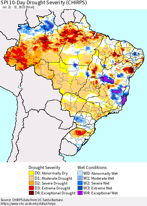 Brazil SPI 10-Day Drought Severity (CHIRPS) Thematic Map For 7/21/2023 - 7/31/2023