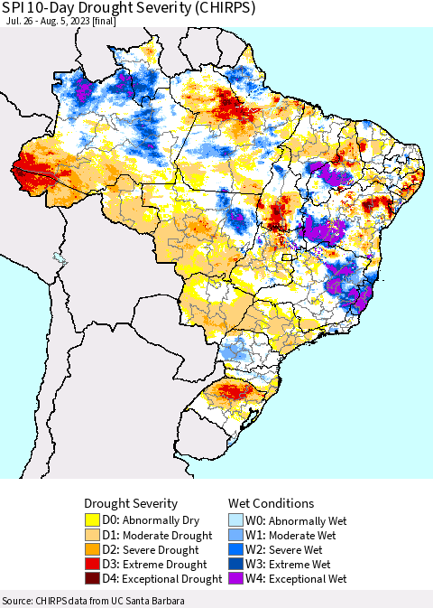 Brazil SPI 10-Day Drought Severity (CHIRPS) Thematic Map For 7/26/2023 - 8/5/2023
