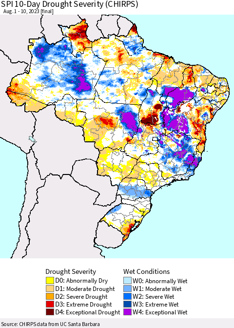 Brazil SPI 10-Day Drought Severity (CHIRPS) Thematic Map For 8/1/2023 - 8/10/2023