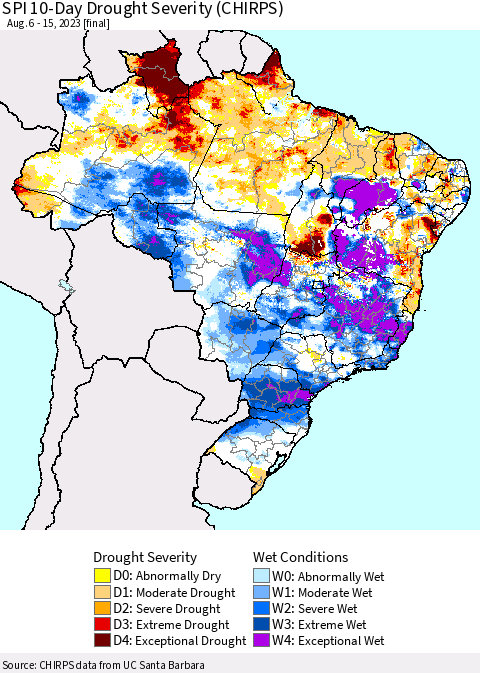Brazil SPI 10-Day Drought Severity (CHIRPS) Thematic Map For 8/6/2023 - 8/15/2023