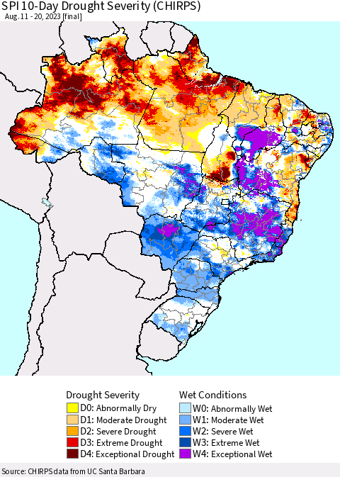 Brazil SPI 10-Day Drought Severity (CHIRPS) Thematic Map For 8/11/2023 - 8/20/2023