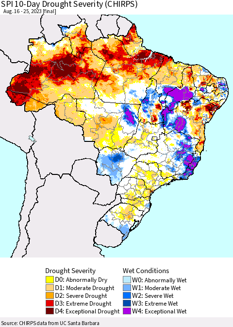 Brazil SPI 10-Day Drought Severity (CHIRPS) Thematic Map For 8/16/2023 - 8/25/2023