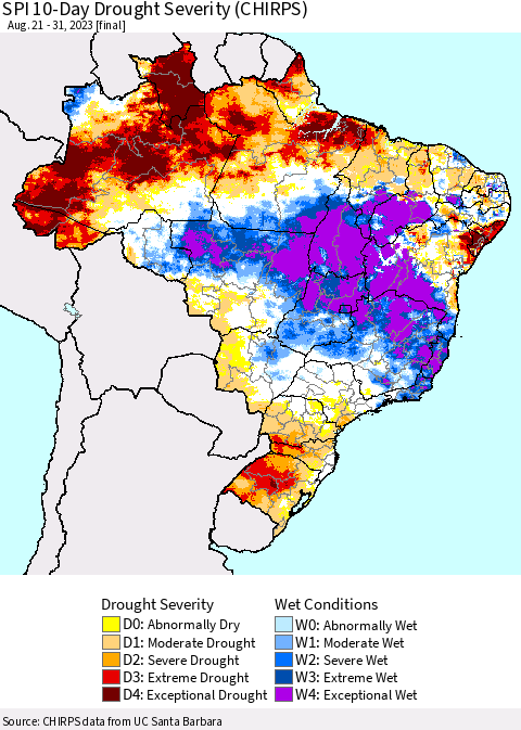 Brazil SPI 10-Day Drought Severity (CHIRPS) Thematic Map For 8/21/2023 - 8/31/2023
