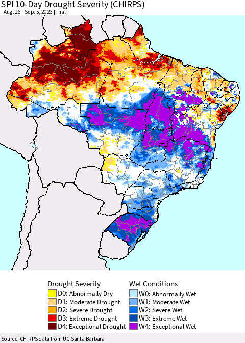 Brazil SPI 10-Day Drought Severity (CHIRPS) Thematic Map For 8/26/2023 - 9/5/2023