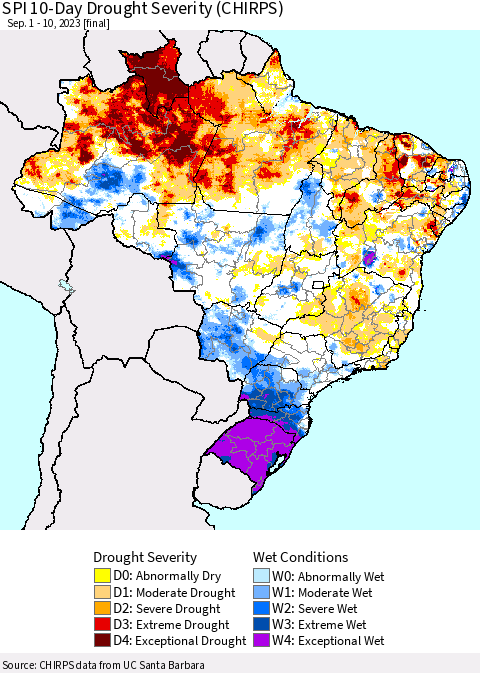 Brazil SPI 10-Day Drought Severity (CHIRPS) Thematic Map For 9/1/2023 - 9/10/2023