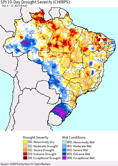 Brazil SPI 10-Day Drought Severity (CHIRPS) Thematic Map For 9/6/2023 - 9/15/2023