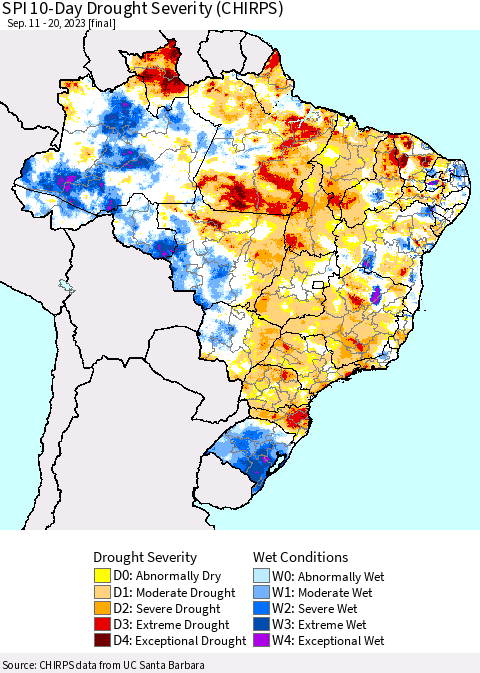 Brazil SPI 10-Day Drought Severity (CHIRPS) Thematic Map For 9/11/2023 - 9/20/2023