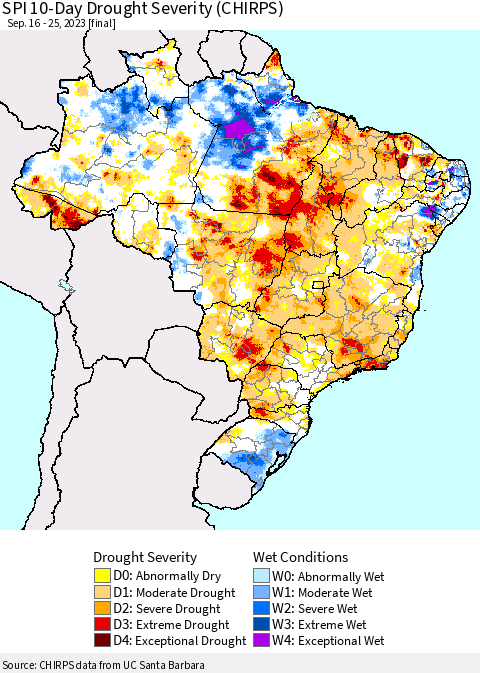 Brazil SPI 10-Day Drought Severity (CHIRPS) Thematic Map For 9/16/2023 - 9/25/2023