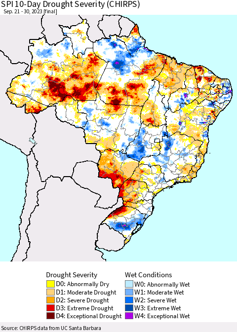 Brazil SPI 10-Day Drought Severity (CHIRPS) Thematic Map For 9/21/2023 - 9/30/2023