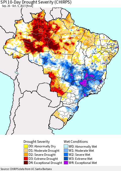 Brazil SPI 10-Day Drought Severity (CHIRPS) Thematic Map For 9/26/2023 - 10/5/2023