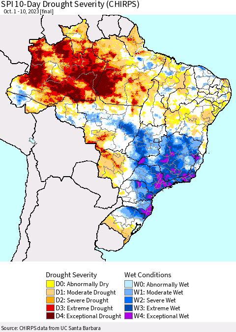 Brazil SPI 10-Day Drought Severity (CHIRPS) Thematic Map For 10/1/2023 - 10/10/2023