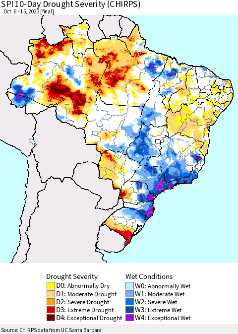Brazil SPI 10-Day Drought Severity (CHIRPS) Thematic Map For 10/6/2023 - 10/15/2023