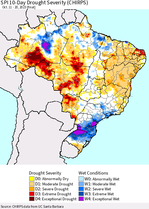 Brazil SPI 10-Day Drought Severity (CHIRPS) Thematic Map For 10/11/2023 - 10/20/2023