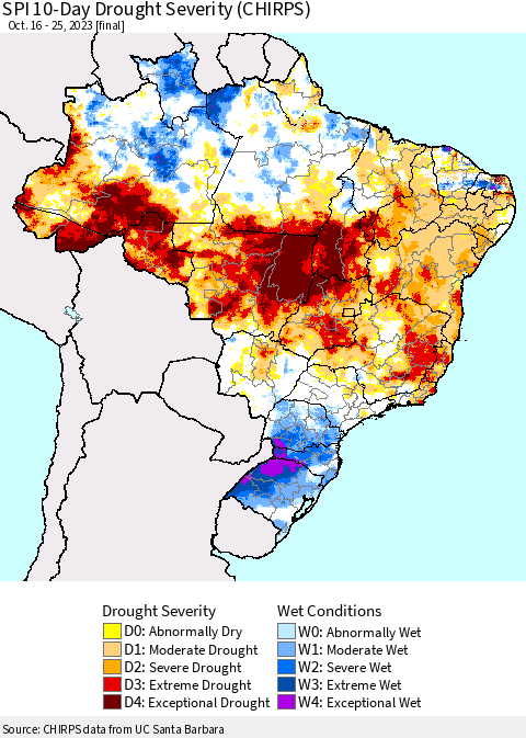 Brazil SPI 10-Day Drought Severity (CHIRPS) Thematic Map For 10/16/2023 - 10/25/2023