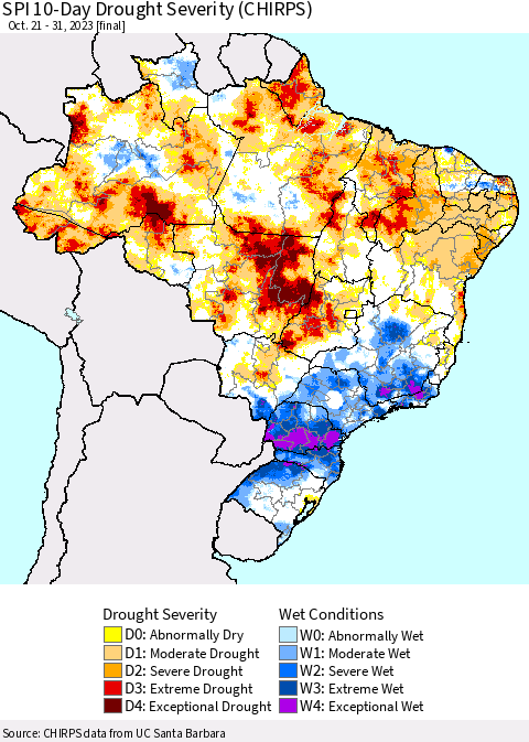 Brazil SPI 10-Day Drought Severity (CHIRPS) Thematic Map For 10/21/2023 - 10/31/2023