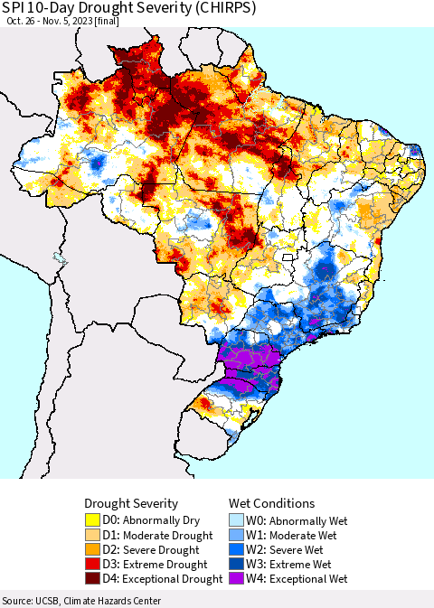 Brazil SPI 10-Day Drought Severity (CHIRPS) Thematic Map For 10/26/2023 - 11/5/2023