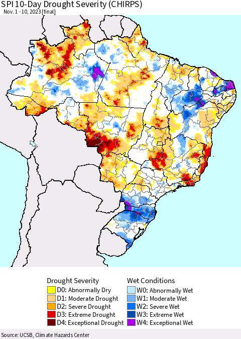 Brazil SPI 10-Day Drought Severity (CHIRPS) Thematic Map For 11/1/2023 - 11/10/2023