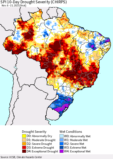 Brazil SPI 10-Day Drought Severity (CHIRPS) Thematic Map For 11/6/2023 - 11/15/2023