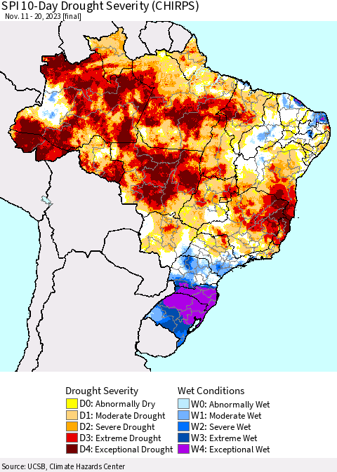 Brazil SPI 10-Day Drought Severity (CHIRPS) Thematic Map For 11/11/2023 - 11/20/2023