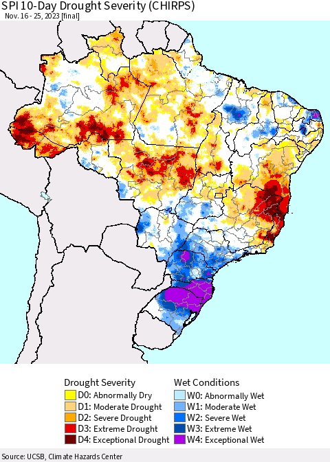 Brazil SPI 10-Day Drought Severity (CHIRPS) Thematic Map For 11/16/2023 - 11/25/2023