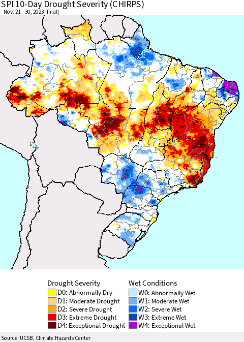 Brazil SPI 10-Day Drought Severity (CHIRPS) Thematic Map For 11/21/2023 - 11/30/2023