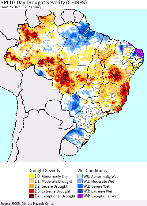 Brazil SPI 10-Day Drought Severity (CHIRPS) Thematic Map For 11/26/2023 - 12/5/2023