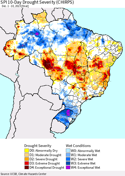 Brazil SPI 10-Day Drought Severity (CHIRPS) Thematic Map For 12/1/2023 - 12/10/2023