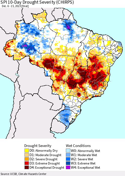 Brazil SPI 10-Day Drought Severity (CHIRPS) Thematic Map For 12/6/2023 - 12/15/2023