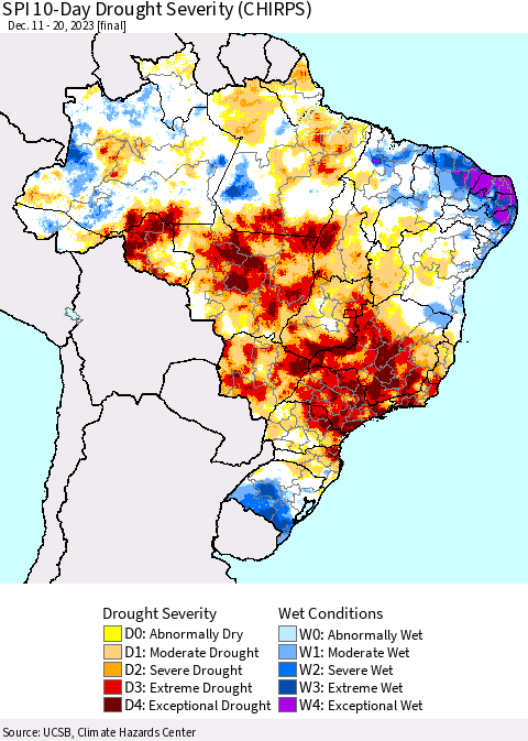 Brazil SPI 10-Day Drought Severity (CHIRPS) Thematic Map For 12/11/2023 - 12/20/2023