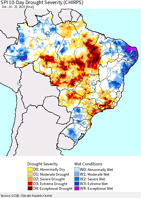 Brazil SPI 10-Day Drought Severity (CHIRPS) Thematic Map For 12/16/2023 - 12/25/2023