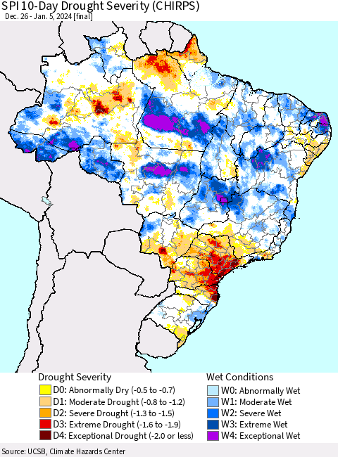 Brazil SPI 10-Day Drought Severity (CHIRPS) Thematic Map For 12/26/2023 - 1/5/2024