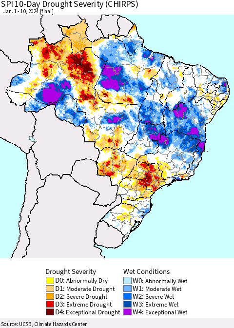 Brazil SPI 10-Day Drought Severity (CHIRPS) Thematic Map For 1/1/2024 - 1/10/2024