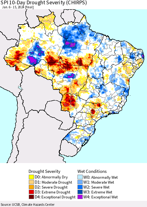 Brazil SPI 10-Day Drought Severity (CHIRPS) Thematic Map For 1/6/2024 - 1/15/2024