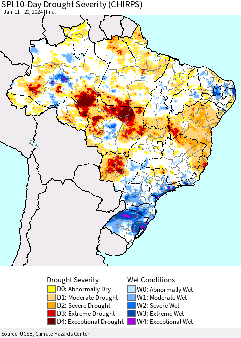 Brazil SPI 10-Day Drought Severity (CHIRPS) Thematic Map For 1/11/2024 - 1/20/2024