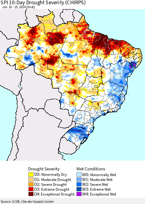Brazil SPI 10-Day Drought Severity (CHIRPS) Thematic Map For 1/16/2024 - 1/25/2024