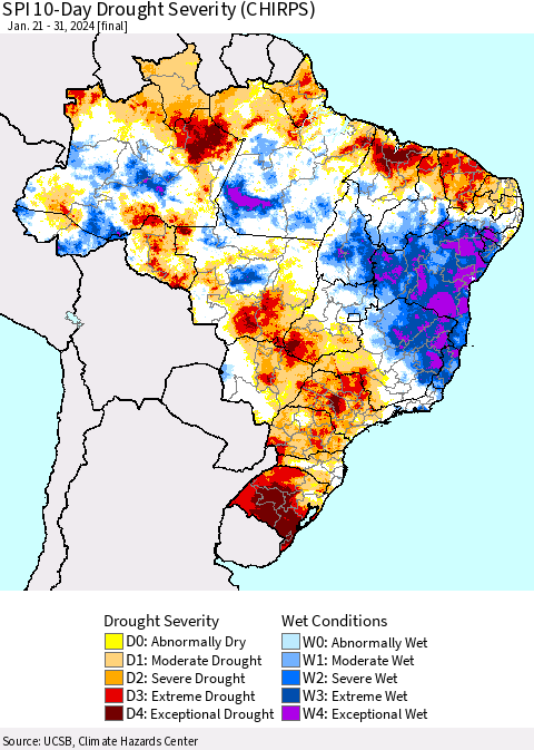 Brazil SPI 10-Day Drought Severity (CHIRPS) Thematic Map For 1/21/2024 - 1/31/2024