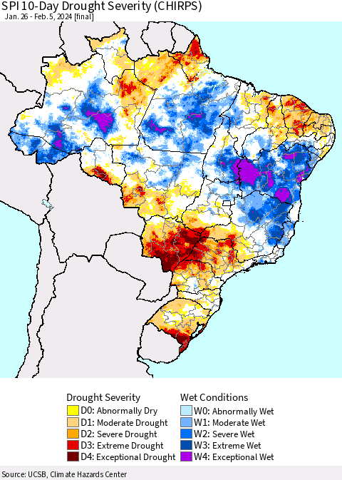 Brazil SPI 10-Day Drought Severity (CHIRPS) Thematic Map For 1/26/2024 - 2/5/2024