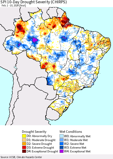 Brazil SPI 10-Day Drought Severity (CHIRPS) Thematic Map For 2/1/2024 - 2/10/2024