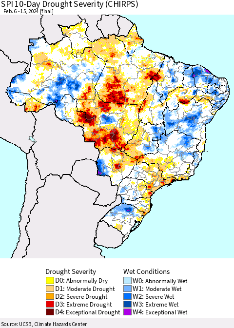 Brazil SPI 10-Day Drought Severity (CHIRPS) Thematic Map For 2/6/2024 - 2/15/2024