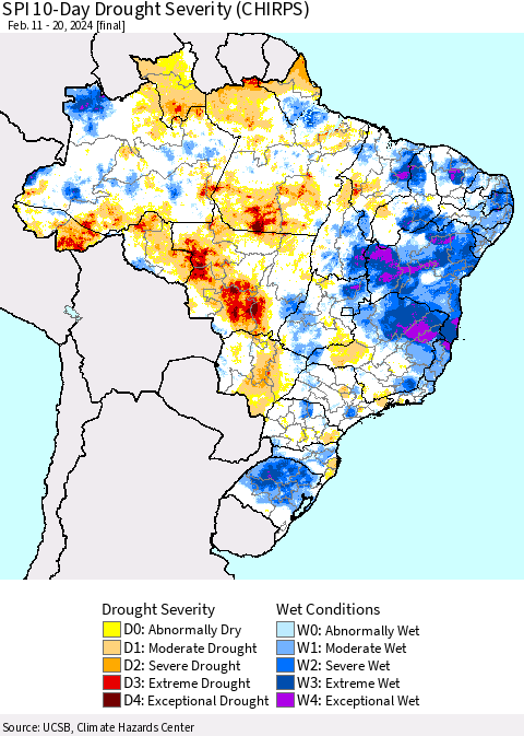 Brazil SPI 10-Day Drought Severity (CHIRPS) Thematic Map For 2/11/2024 - 2/20/2024