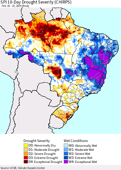 Brazil SPI 10-Day Drought Severity (CHIRPS) Thematic Map For 2/16/2024 - 2/25/2024