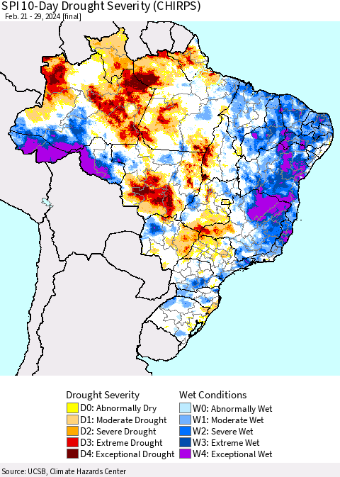 Brazil SPI 10-Day Drought Severity (CHIRPS) Thematic Map For 2/21/2024 - 2/29/2024