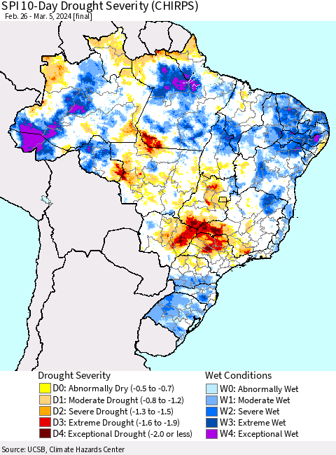 Brazil SPI 10-Day Drought Severity (CHIRPS) Thematic Map For 2/26/2024 - 3/5/2024