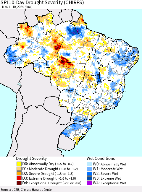 Brazil SPI 10-Day Drought Severity (CHIRPS) Thematic Map For 3/1/2024 - 3/10/2024
