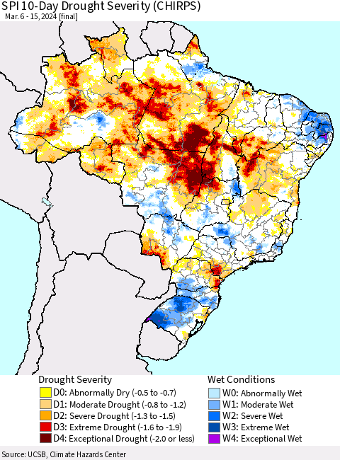 Brazil SPI 10-Day Drought Severity (CHIRPS) Thematic Map For 3/6/2024 - 3/15/2024