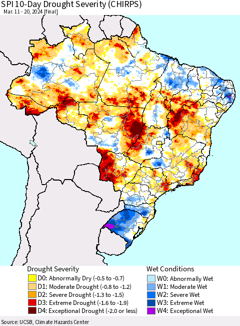 Brazil SPI 10-Day Drought Severity (CHIRPS) Thematic Map For 3/11/2024 - 3/20/2024