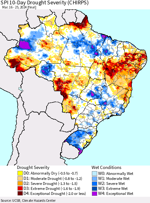 Brazil SPI 10-Day Drought Severity (CHIRPS) Thematic Map For 3/16/2024 - 3/25/2024