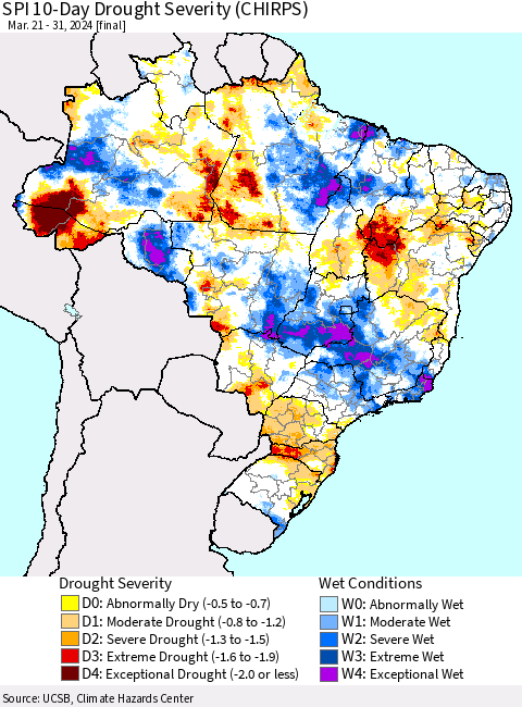 Brazil SPI 10-Day Drought Severity (CHIRPS) Thematic Map For 3/21/2024 - 3/31/2024