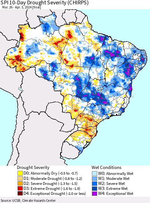 Brazil SPI 10-Day Drought Severity (CHIRPS) Thematic Map For 3/26/2024 - 4/5/2024