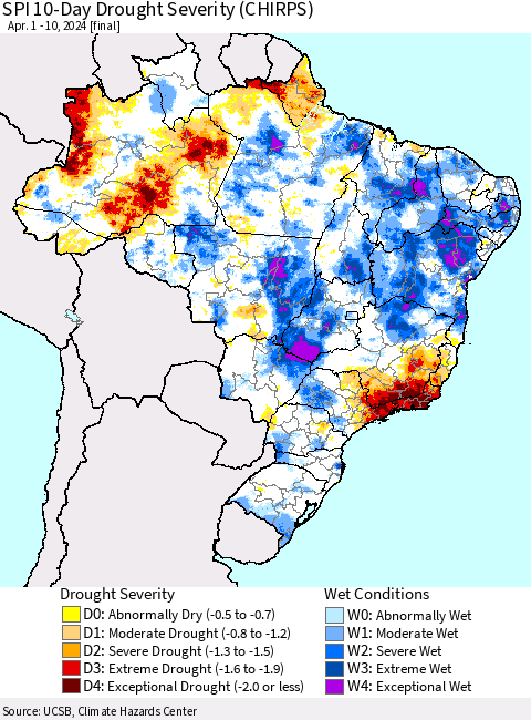 Brazil SPI 10-Day Drought Severity (CHIRPS) Thematic Map For 4/1/2024 - 4/10/2024